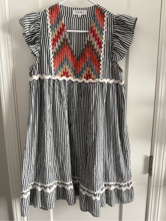 THML Dresses & Skirts - THML Gray Stripe Dress with Multicolor Embroidered V-Neck